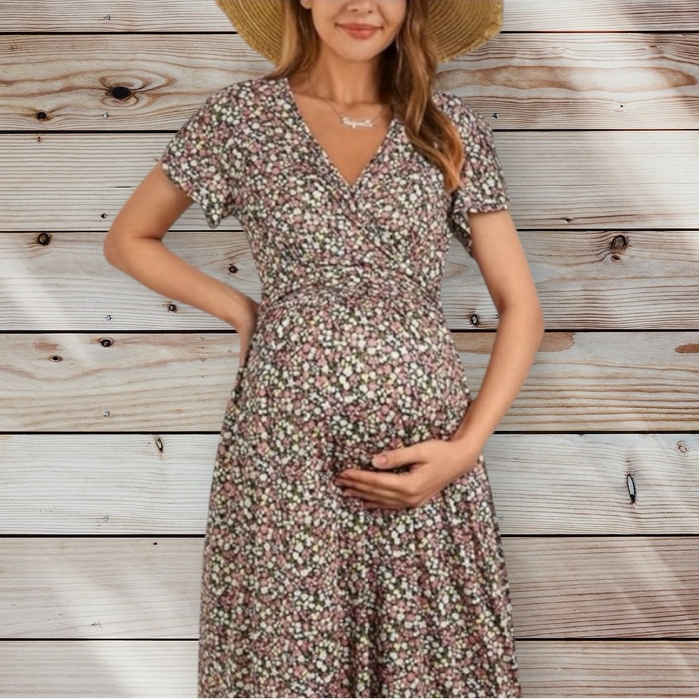 Ouges Women’s XL Maternity Dress Floral Maxi Pregnancy V Neck EUC